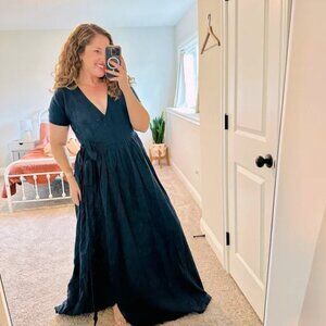 NWT Visible Navy Blue Linen Wrap Maxi Dress Medium